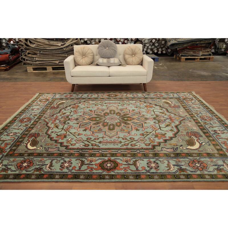 Hand Knotted Oriental 100% Wool Carpet Transitional Floral Navy Blue & Blues Oushak Area Rug - 9' 9'' X 7' 11''