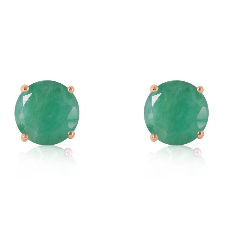 14K Solid Gold Stud Earrings Round Shaped Natural Emerald Gemstone