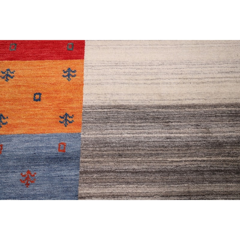 Modern Gabbeh Oriental Area Rug Hand-Knotted Beige Wool Carpet - 8'5" x 9'9"