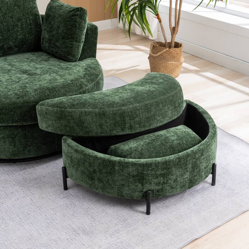 42.3"W Upholstered Swivel Accent Chair with 4 Pillows and Half-Moon Storage Ottoman