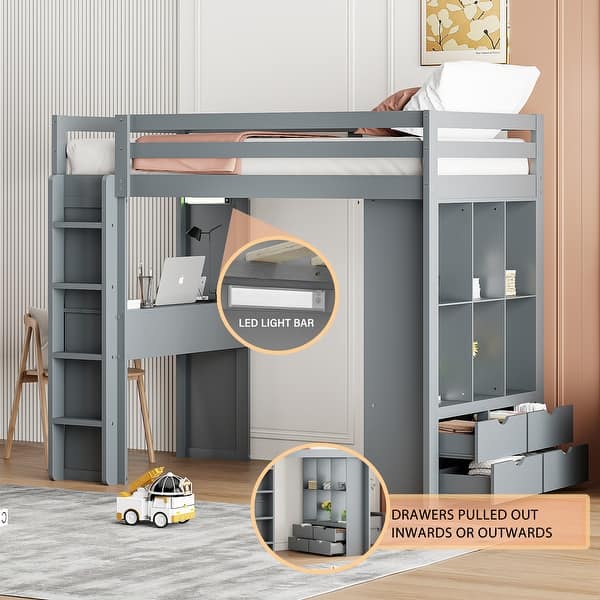 slide 2 of 28, Wooden Loft Bed Twin/Full Size with Multi-Storage Desk, LED Light & Large Shelves, Solid Wood High Loftbed Frame w/Safety Rails Grey - Twin