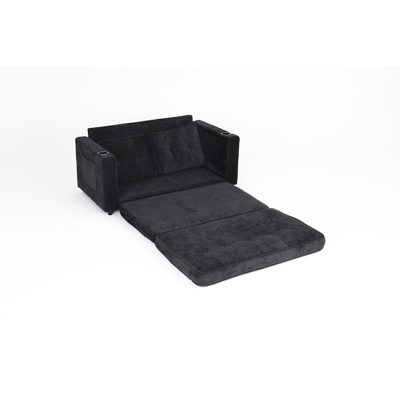 Sofa Bed with Pull-Out Straps, Velvet Sleeper Sofa with Side Storage Bags, Convertible Lounge Chaise Loveseat Daybed