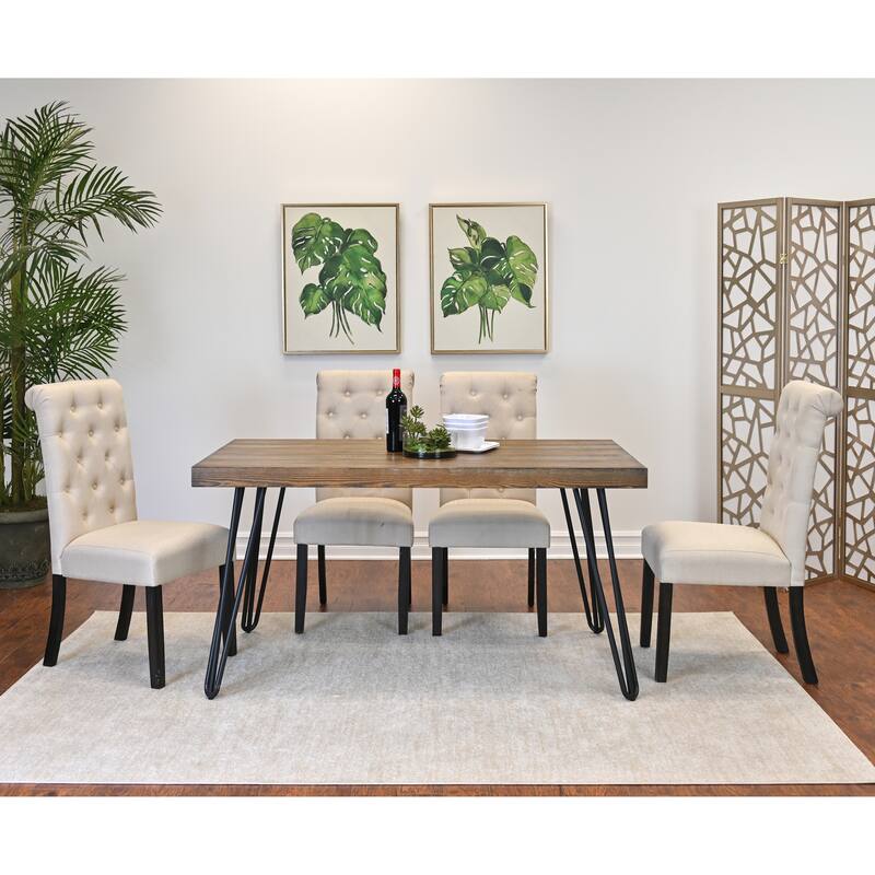 5-Piece Industrial Dining Set with Rectangular Table & Tufted Chairs - Brown+Beige