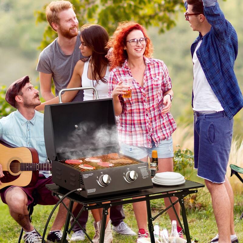 2 Burner Propane Gas Grill Outdoor Portable Tabletop BBQ with Foldable Legs,