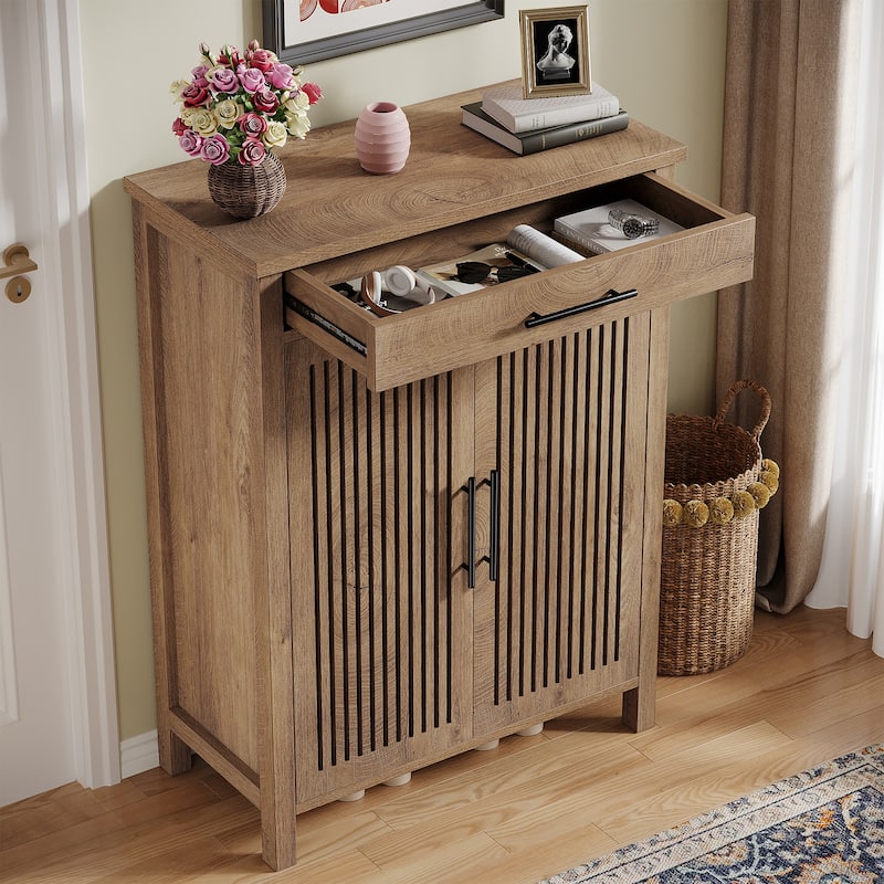 Shoe Storage Cabinet with Louvered Doors & Drawer, Wooden Shoe Rack for Closet, Entryway