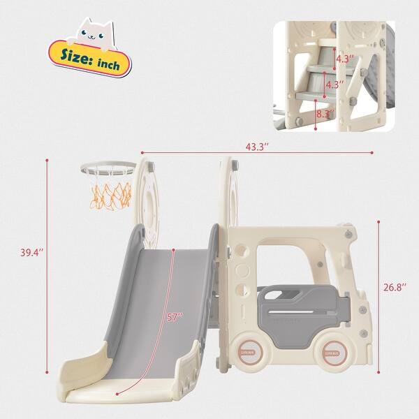 dimension image slide 0 of 3, Kids Slide with Bus Play Structure, Freestanding Bus Toy with Slide for Toddlers, Bus Slide Set with Basketball Hoop