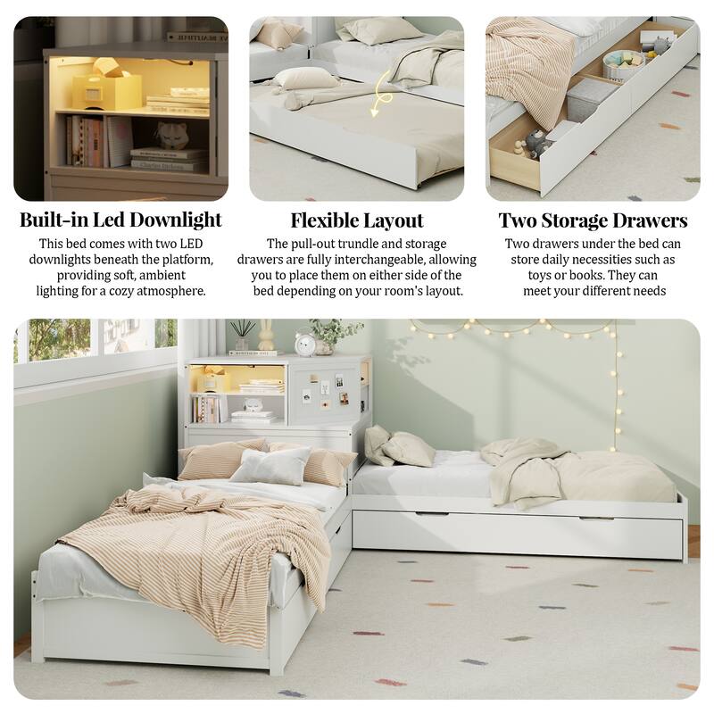 All-in-one Low Profile Platform Bed with Trundle and Drawer, Wooden Floor Bed Linked Corner Bed Built-in Desk and Led Downlight