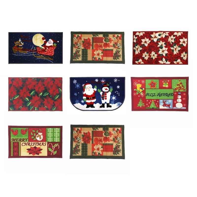 Christmas Design Kitchen Rug - Santa, Reindeer, Snowman, Poinsettia With Latex Backing