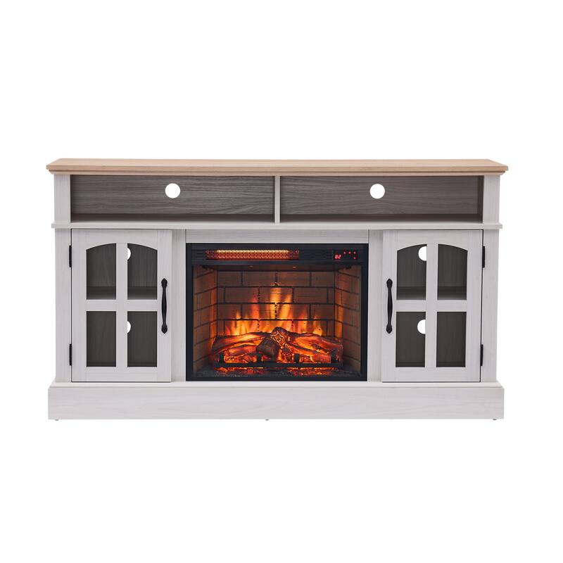 Modern Simple TV Stand with 2 Storage Cabinets and Electric Fireplace for Living Room Home Theater and Bedroom