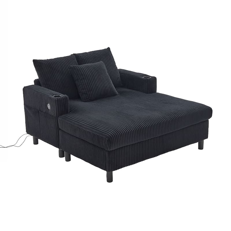 Modern Corduroy Oversized Recliner Sofa with Deep Seat, 3 Pillows, USB Charging, RGB LED Light Strip, Cup Holder, Side Pocket