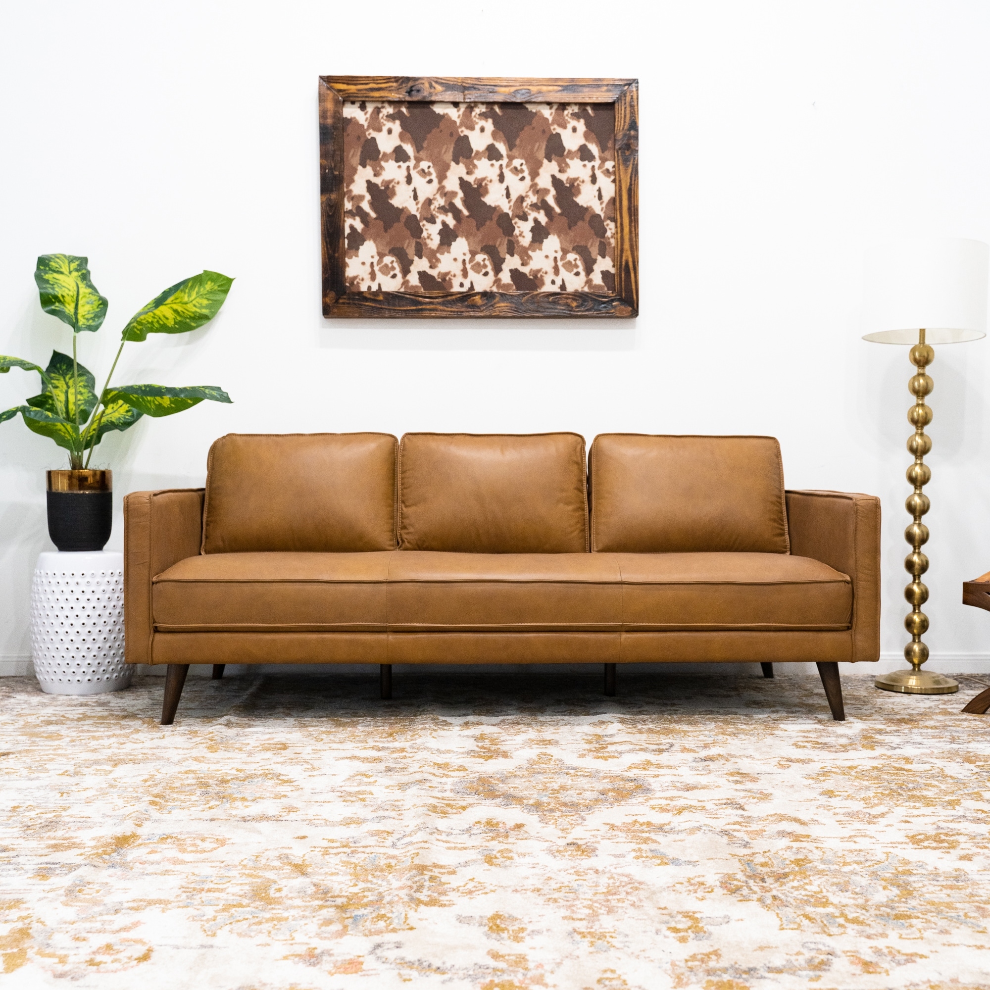 Ashcroft Idaho Mid-Century Modern Leather Sofa in Tan