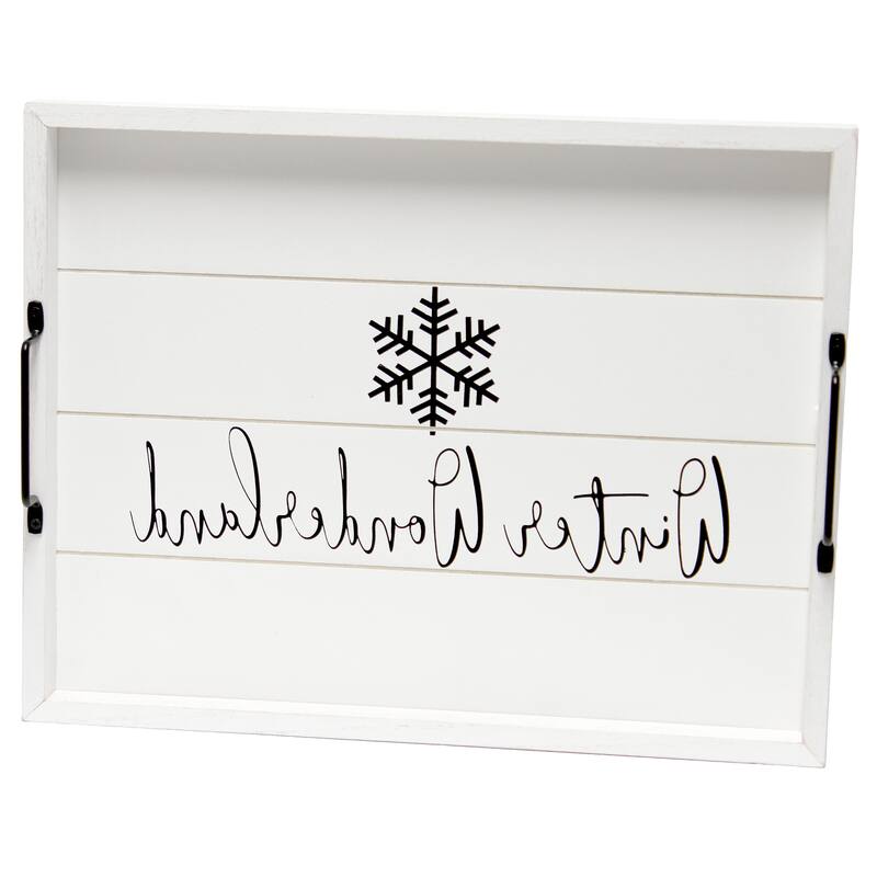 HomeRoots 16" White And Black Winter Wonderland Serving Tray With Handles - 15.50 in. x 2.25 in. x 12.00 in.
