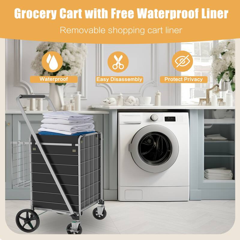 Foldable Grocery Shopping Cart w/ Brake & Double Basket and 360 Rolling Swivel Wheels