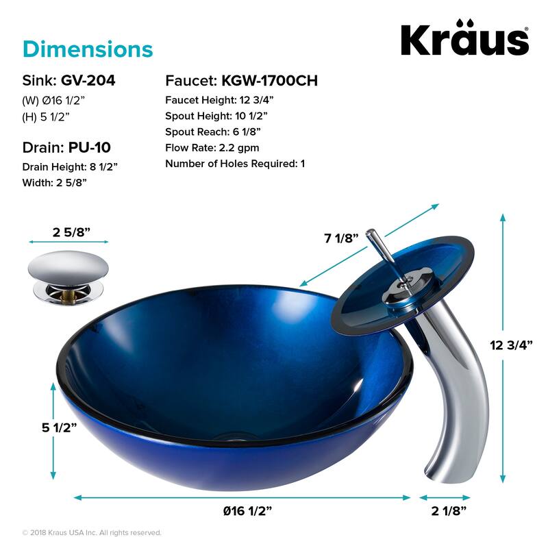 Kraus Bathroom Combo - 16-1/2" Irruption Blue Glass Vessel Bathroom