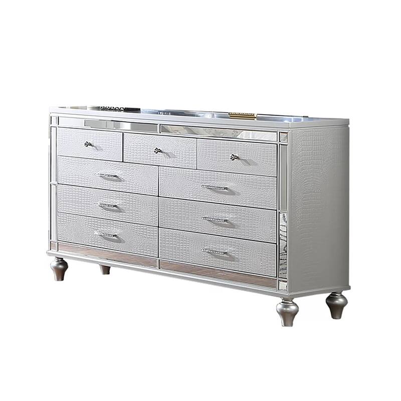 Bailey Wide Dresser, Mirror Trim and 9 Drawers, Silver Wood