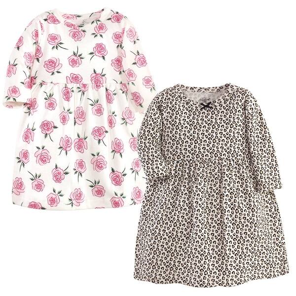 slide 1 of 1, Little Treasure Baby and Baby Girl Cotton Long-Sleeve Dresses 2pk, Leopard Rose 0-3 Months - Leopard Rose