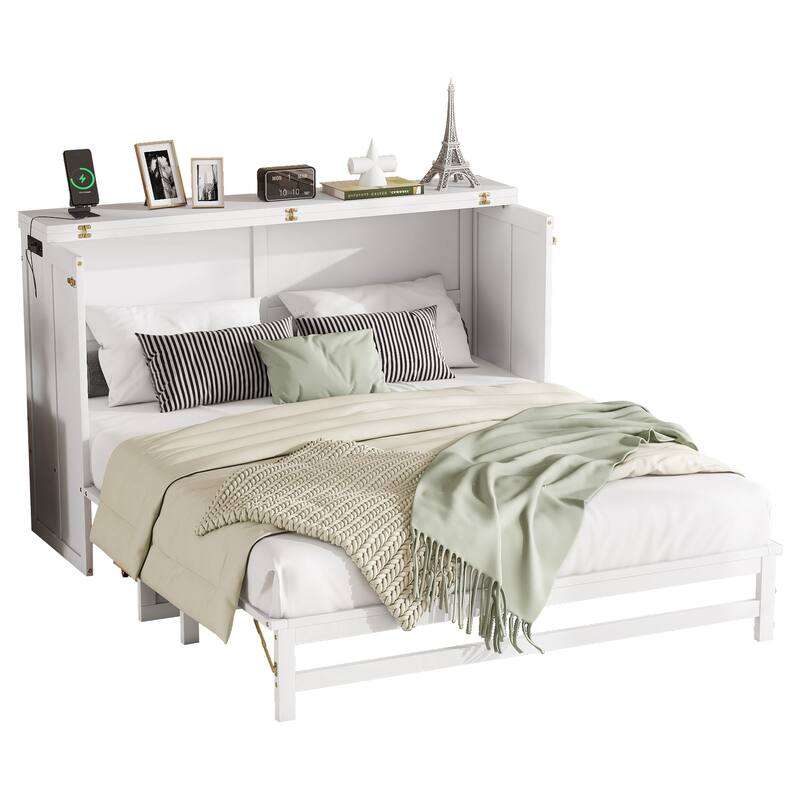 Roomfitters Queen Murphy Bed Cabinet with Storage Compartment, Charging Station with USB, Solid Pine Wall Bed