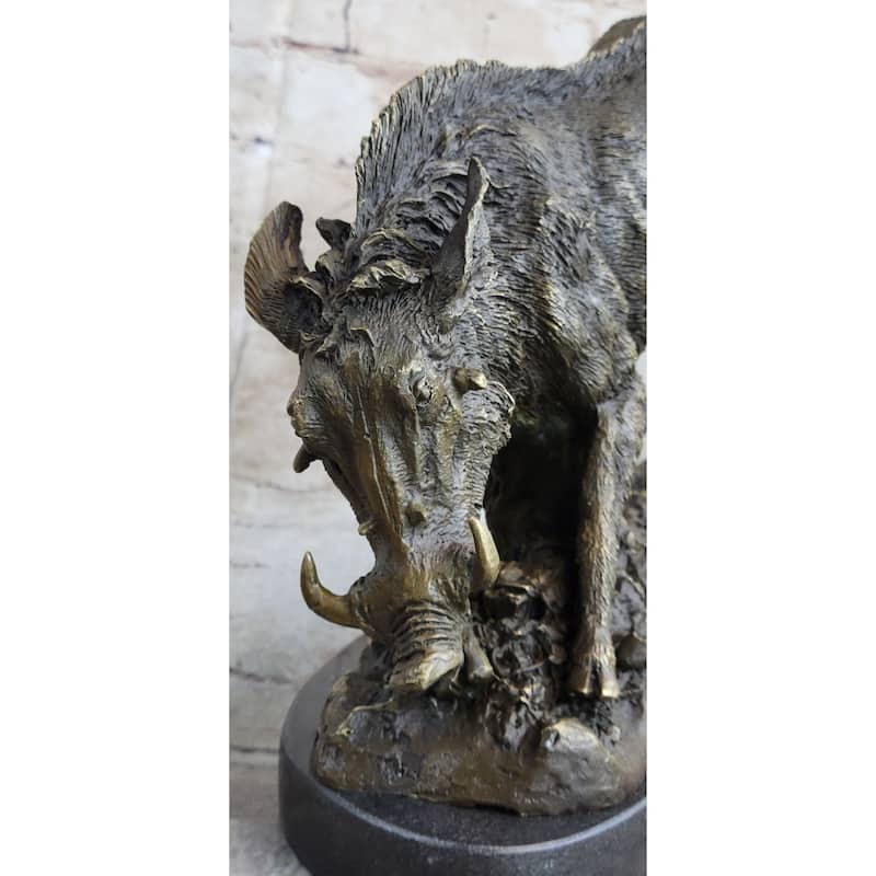 Wild Boar Feral Hog Pig Kicking Hind Legs Bronze Sculpture Statue Figure On Marble Base