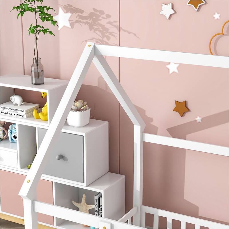 Floor Wooden Bed with House Roof Frame, Fence Guardrails