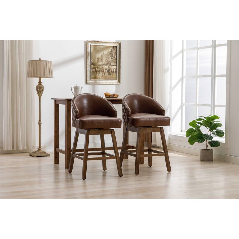Rotating Bar Chair, Counter Height Bar Chair With Backrest, Leather Rotating Kitchen Stool, Set of 2 - Brown