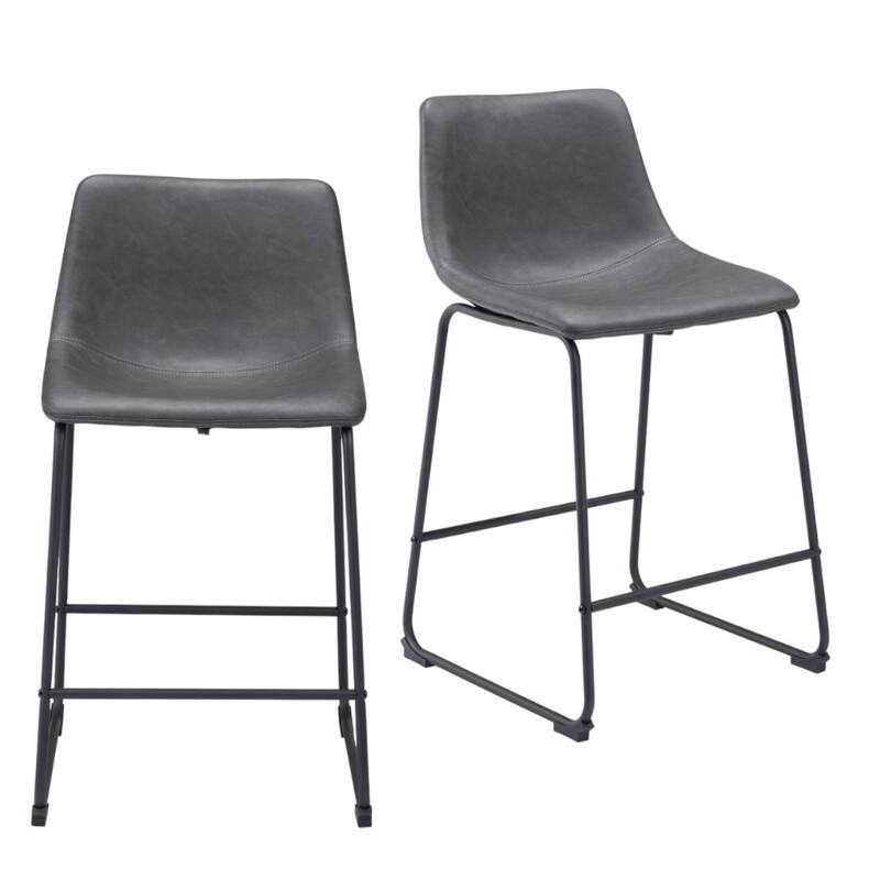 HomeRoots Set of Two 24" Charcoal and Black Faux Leather and Steel Counter Height Bar Chairs