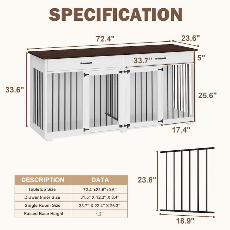 Modern Wooden Dog Crate Furniture with 2 Drawers, White and Brown