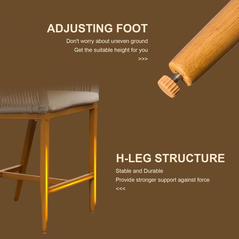 GDFStudio - Sienna Outdoor Aluminum Bar Stools Set with Cushions and Rope Backrest, Square-Back Boho Counter Chairs