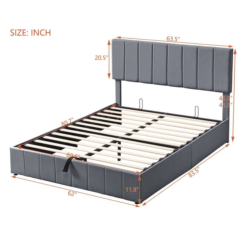 Linen Upholstered Bed Low Profile Platform Bed Storage Bedframe with Hydraulic Storage System, Headboard and Slats Support