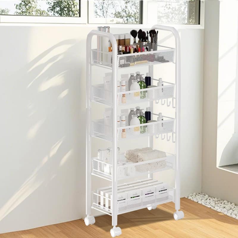 5-Tier Utility Rolling Cart On Wheels Storage Shelf for Narrow Space, Kitchen