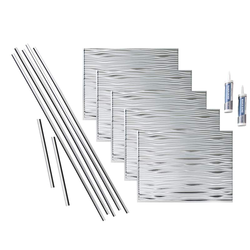 FASÄDE Waves Decorative Vinyl Backsplash Panel - 15 Sq Ft Kit - Brushed Aluminum