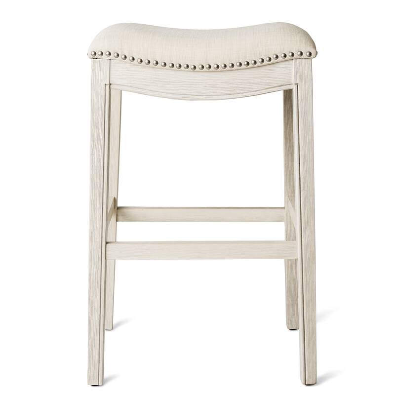 HomeRoots 31" Bone and Antiqued White Fabric and Solid Wood Backless Bar Height Bar Chair