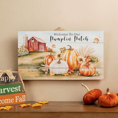 Glitzhome 24"L Fall Wooden Pumpkin Patch Welcome Wall Sign