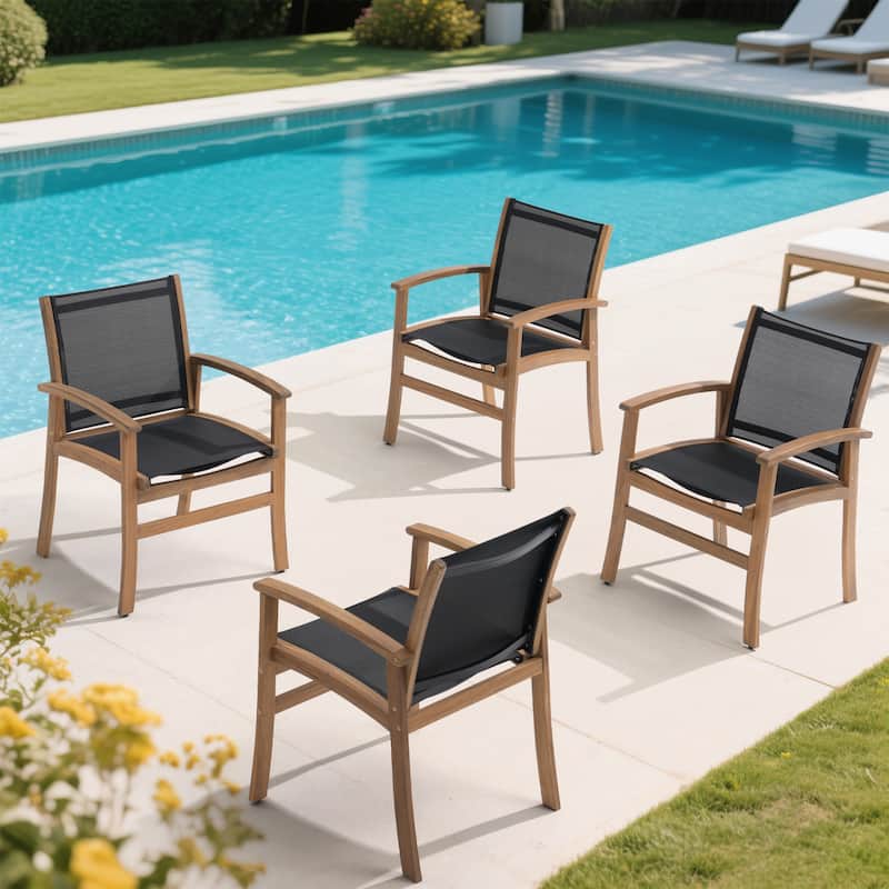 Outdoor Wooden Armchairs with Textilene Back (Set of 4)