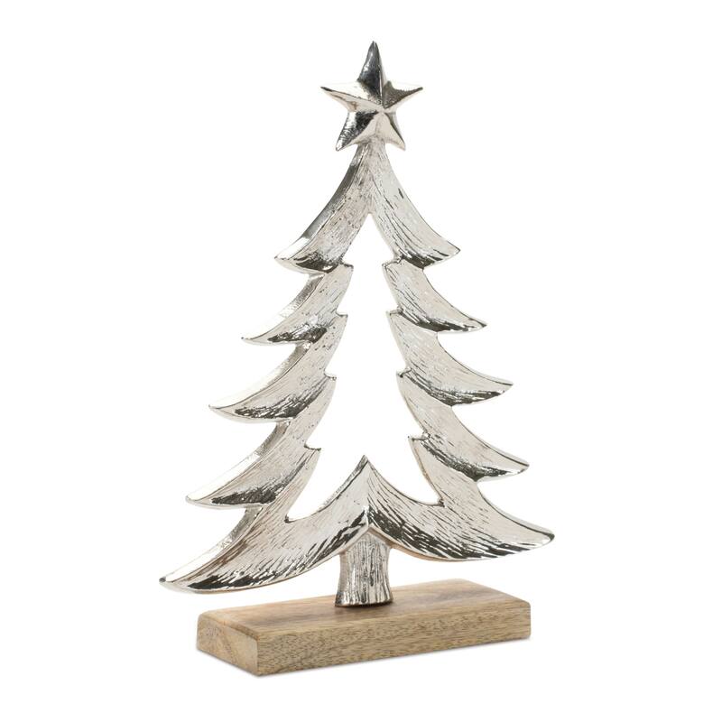Pine Tree with Wooden Base Christmas Decorations - 10" - Silver - Set of 2