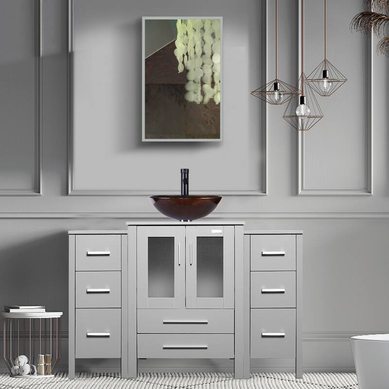 48" Bathroom Vanity Set Vessel Sink Mirror Faucet W/ Small Cabinet Combo - brown round sink - Grey
