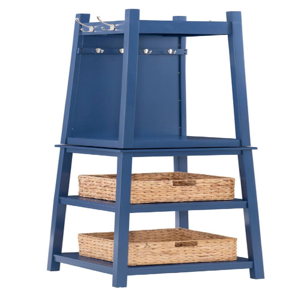 Coat Rack with 8 Hooks and 2 Rotating Shelves, Navy Blue