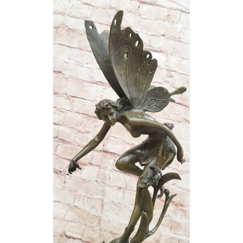 Mythical Fairy Nymph Flower Floral Scene Bronze Statue Sculpture Marble Base Art 19 Inches X 7 Inches