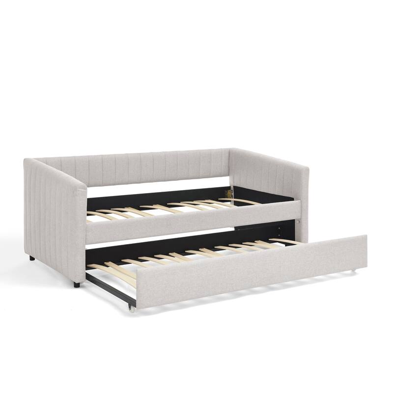 Twin/Full Size Daybed with Trundle, Upholstered Sofa Bed with Vertical Stripes, Linen Fabric, Comfortable Seating for Bedroom