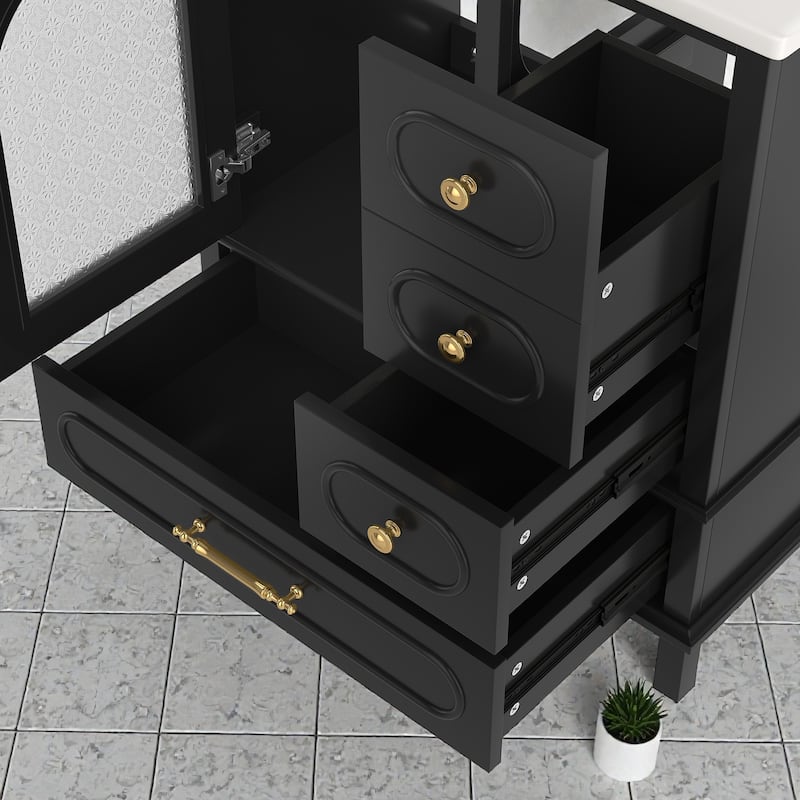 30" Bathroom Vanity with Sink, Freestanding Wood Cabinet with 3 Drawers and Semi-Transparent Door, Single Vanity