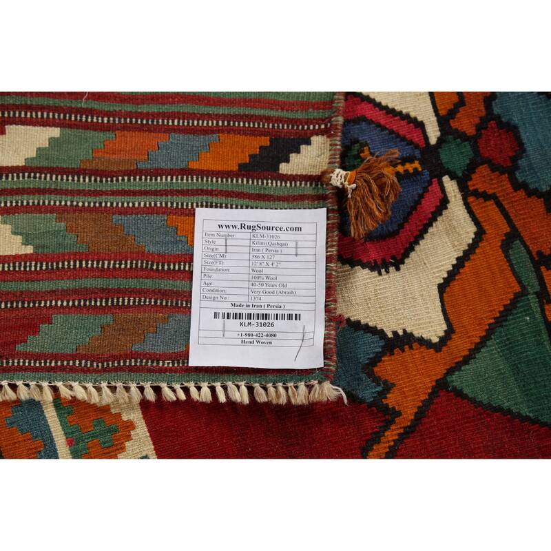 Vegetable Dye Kilim Qashqai Persian Vintage Runner Rug - 4'2"x 12'8"