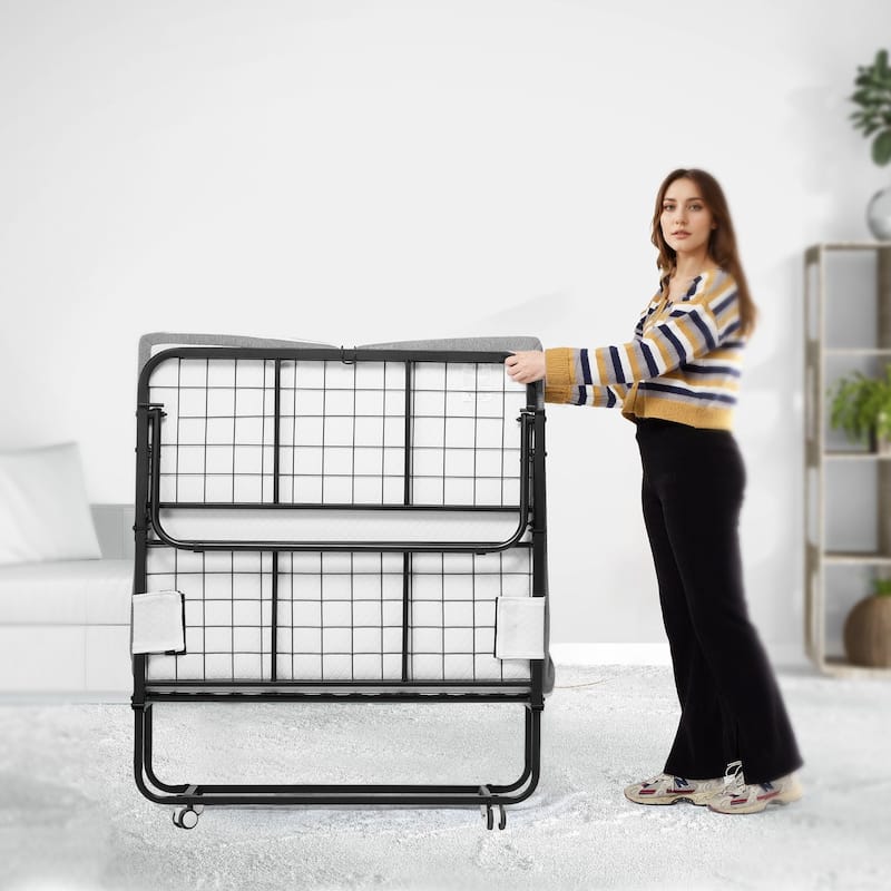Rollaway Folding Bed with 4 Inch Foam White Mattress and Black Sturdy Steel Frame Perfect for Dorm or Guest