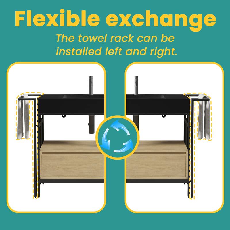 GDFStudio - Forte Industrial Metal Frame Bathroom Vanity with Artificial Stone Basin, Towel Rack & Open Storage