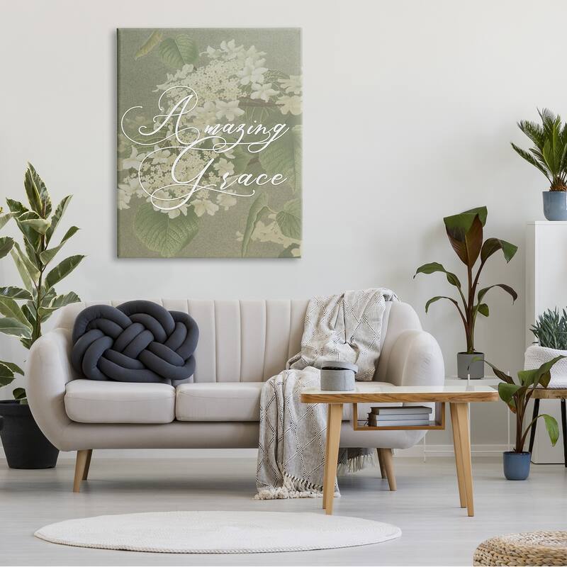 Stupell Amazing Grace Phrase Vintage White Flower Blossoms Canvas Wall Art - Green