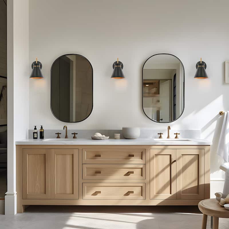 Modern Industrial 1-Light Black Gold Wall Sconce Lighting with Metal Shade - 6" L x 7" W x 8.5" H