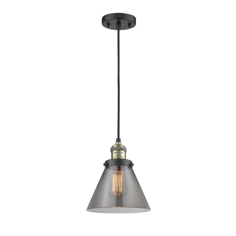 Innovations Lighting Franklin Restoration Cone - 1 Light 8" Cord Hung Mini Pendant - Black Antique Brass/Light Smoke