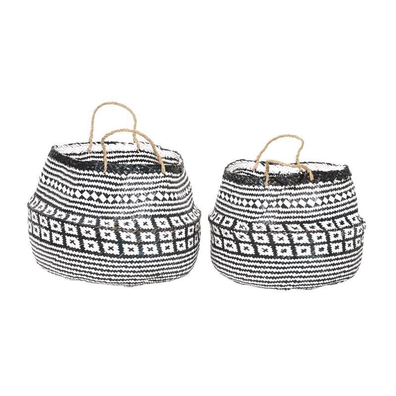 Black/White Seagrass Boho Eclectic Plant Storage Basket (Set of 2) - S/2 16", 14"H