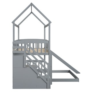 Grey Twin Over Twin Wood House Bunk Bed with Two Drawers and Slide