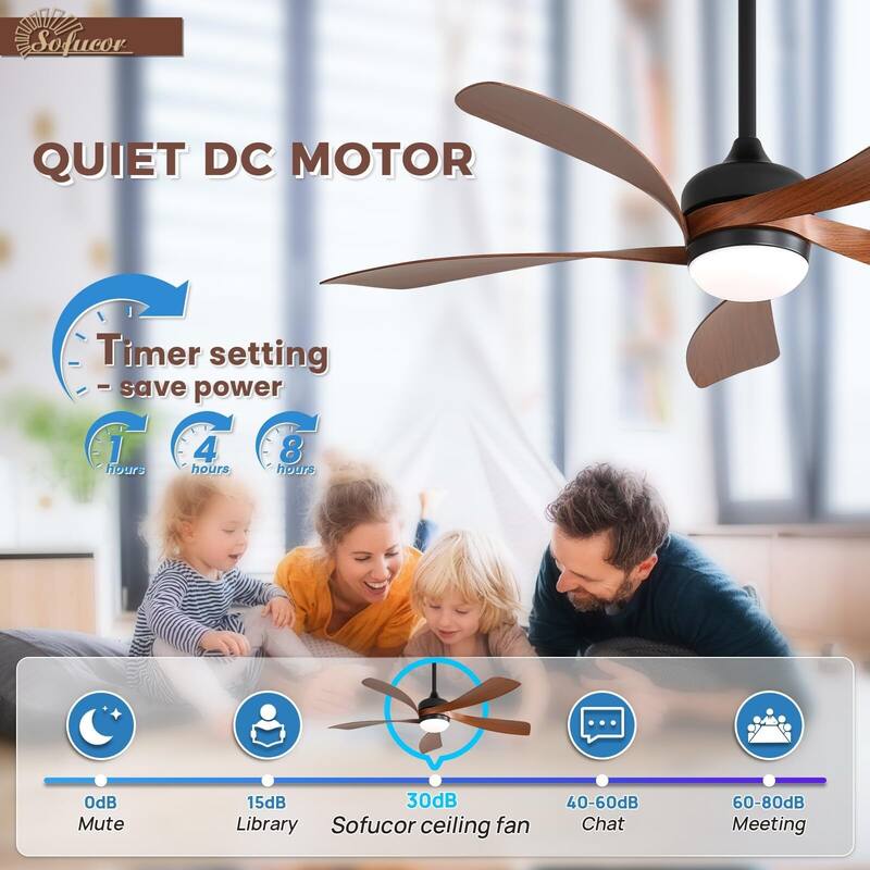 52 Inch Ceiling Fan with Remote & Lights Quiet DC Motor 5 Blade High CFM Modern Fan