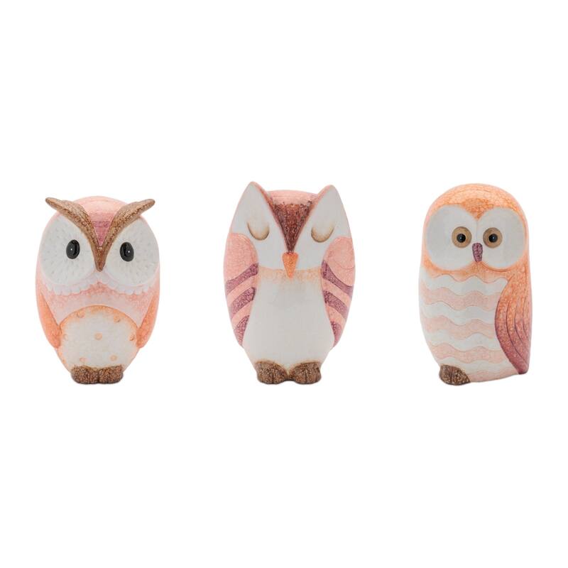 Terracotta Owl Figurines - 7.25" - Pink and Orange - Set of 3