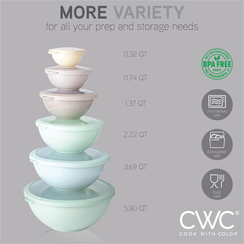 COOK WITH COLOR - 12 Piece Plastic Nesting Bowls - 6 Prep Bowls and 6 Lids, Microwave Safe